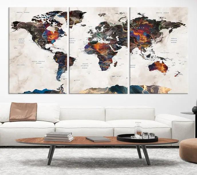 The World Map Wall Art Canvas Print elegantly adorns the wall. This artwork is crafted on museum-quality canvas with a UV-protective coating and includes free shipping for your convenience.