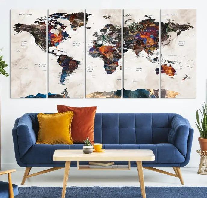 The World Map Wall Art Canvas Print elegantly adorns the wall. This artwork is crafted on museum-quality canvas with a UV-protective coating and includes free shipping for your convenience.