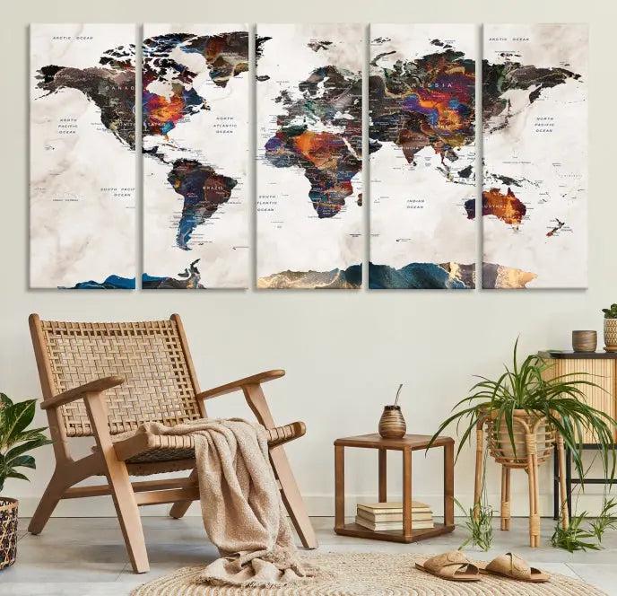 The World Map Wall Art Canvas Print elegantly adorns the wall. This artwork is crafted on museum-quality canvas with a UV-protective coating and includes free shipping for your convenience.