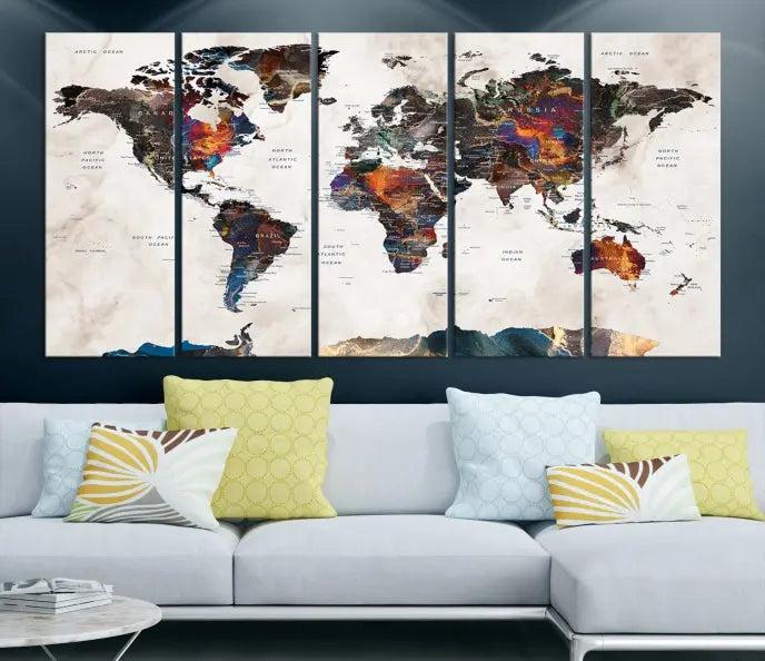 The World Map Wall Art Canvas Print elegantly adorns the wall. This artwork is crafted on museum-quality canvas with a UV-protective coating and includes free shipping for your convenience.