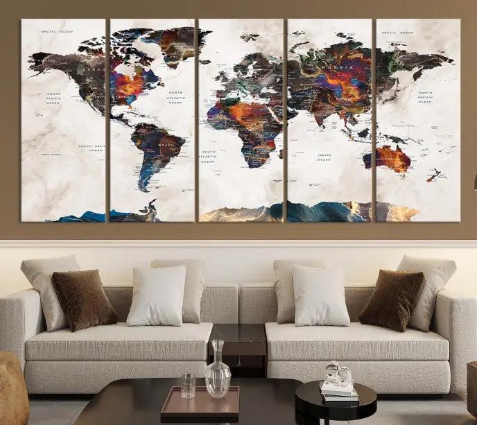 The World Map Wall Art Canvas Print elegantly adorns the wall. This artwork is crafted on museum-quality canvas with a UV-protective coating and includes free shipping for your convenience.