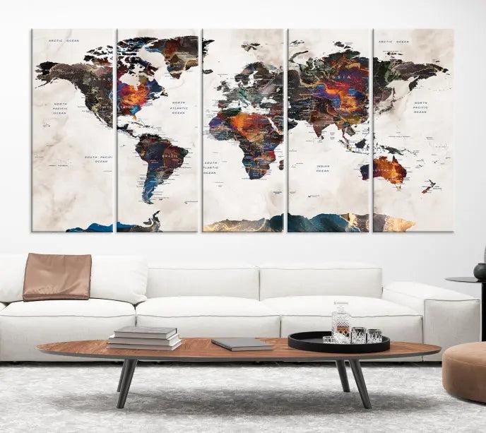 The World Map Wall Art Canvas Print elegantly adorns the wall. This artwork is crafted on museum-quality canvas with a UV-protective coating and includes free shipping for your convenience.