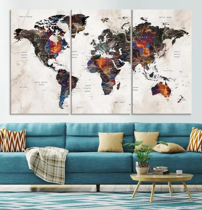 The "World Map Wall Art Canvas Print," a three-panel piece on museum-quality canvas, adorns a modern room. These gallery-wrapped artworks feature a UV-protective coating to ensure lasting brilliance.