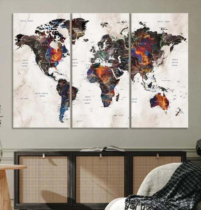 The "World Map Wall Art Canvas Print," a three-panel piece on museum-quality canvas, adorns a modern room. These gallery-wrapped artworks feature a UV-protective coating to ensure lasting brilliance.