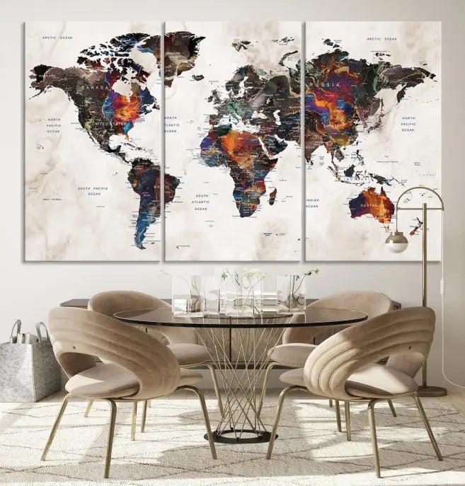 The "World Map Wall Art Canvas Print," a three-panel piece on museum-quality canvas, adorns a modern room. These gallery-wrapped artworks feature a UV-protective coating to ensure lasting brilliance.