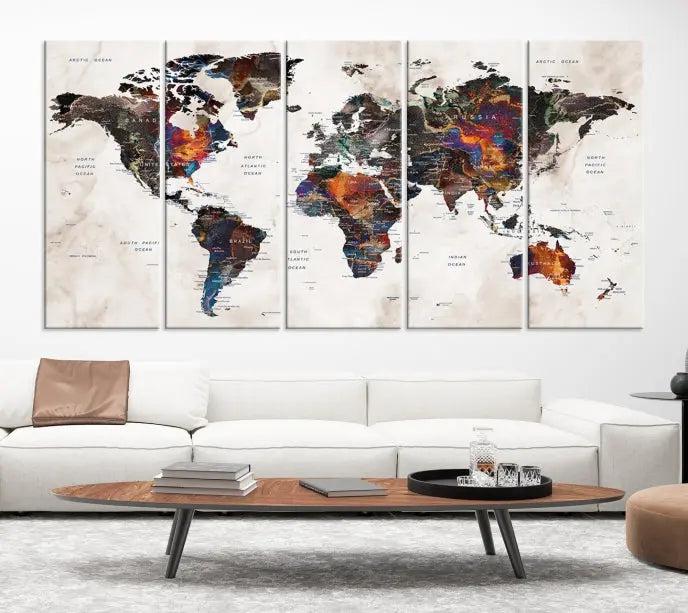 The "World Map Wall Art Canvas Print," a three-panel piece on museum-quality canvas, adorns a modern room. These gallery-wrapped artworks feature a UV-protective coating to ensure lasting brilliance.