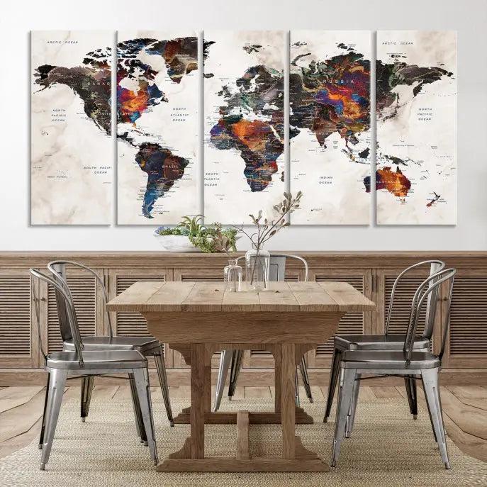 The "World Map Wall Art Canvas Print," a three-panel piece on museum-quality canvas, adorns a modern room. These gallery-wrapped artworks feature a UV-protective coating to ensure lasting brilliance.