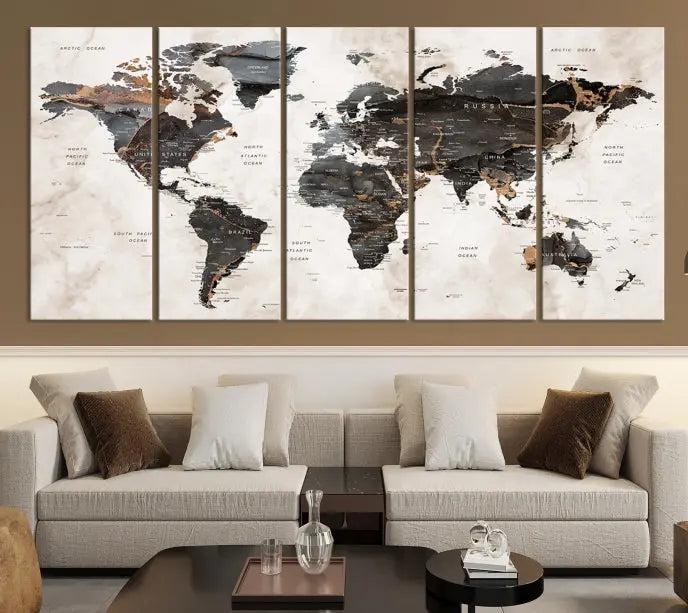 The World Map Wall Art Canvas Print, a stunning three-panel piece gallery wrapped on museum-quality canvas, hangs elegantly in this contemporary room, infusing it with worldly charm. Indulge in the luxury of this masterpiece with free shipping.