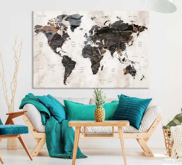 The World Map Wall Art Canvas Print, a stunning three-panel piece gallery wrapped on museum-quality canvas, hangs elegantly in this contemporary room, infusing it with worldly charm. Indulge in the luxury of this masterpiece with free shipping.