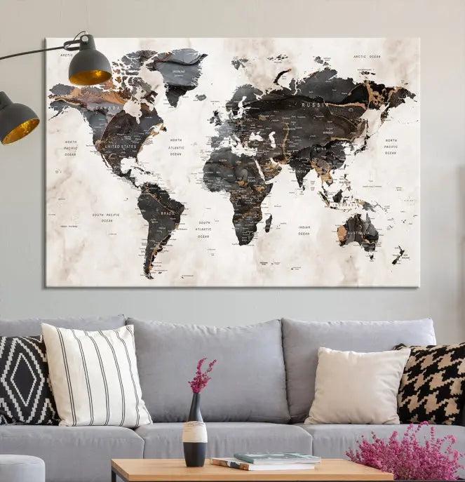 The World Map Wall Art Canvas Print, a stunning three-panel piece gallery wrapped on museum-quality canvas, hangs elegantly in this contemporary room, infusing it with worldly charm. Indulge in the luxury of this masterpiece with free shipping.