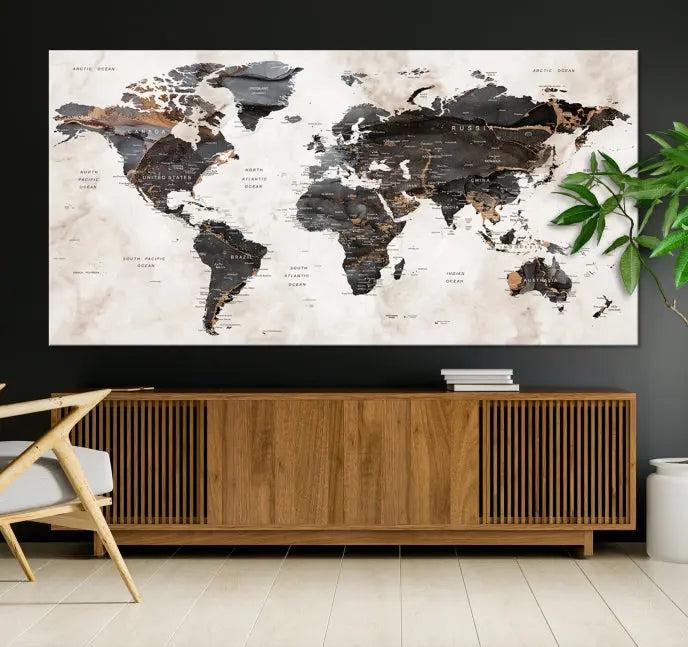 The World Map Wall Art Canvas Print, a stunning three-panel piece gallery wrapped on museum-quality canvas, hangs elegantly in this contemporary room, infusing it with worldly charm. Indulge in the luxury of this masterpiece with free shipping.