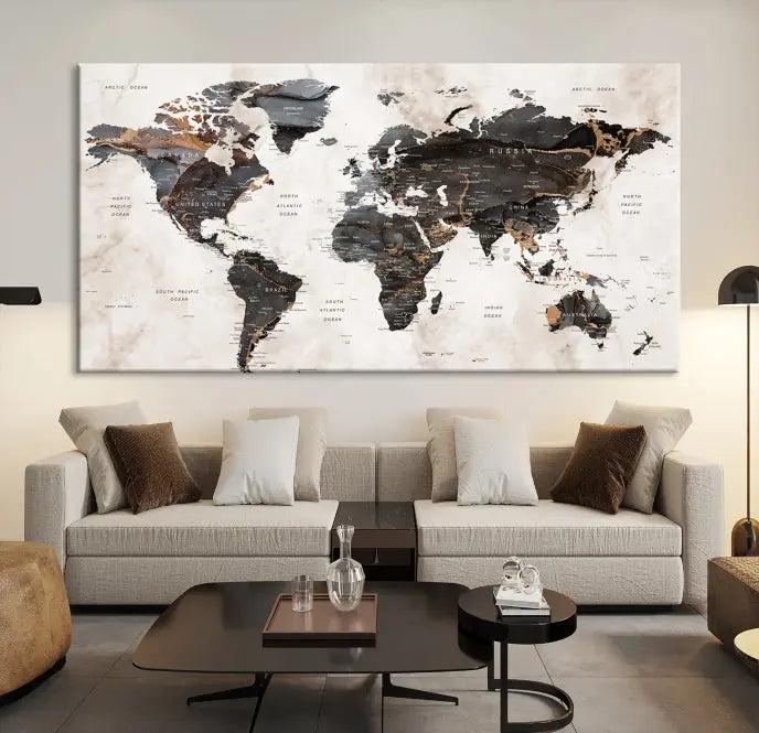 The World Map Wall Art Canvas Print, a stunning three-panel piece gallery wrapped on museum-quality canvas, hangs elegantly in this contemporary room, infusing it with worldly charm. Indulge in the luxury of this masterpiece with free shipping.