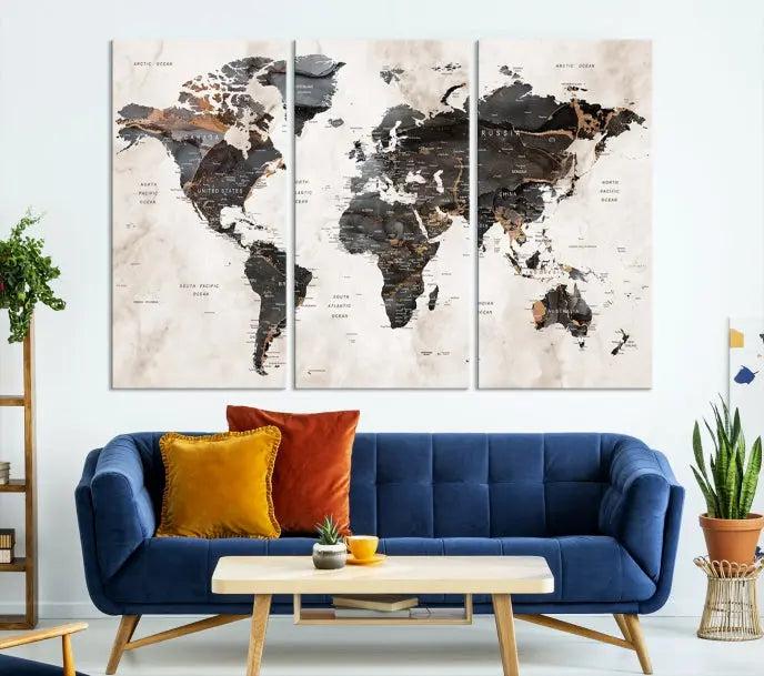 The World Map Wall Art Canvas Print, a stunning three-panel piece gallery wrapped on museum-quality canvas, hangs elegantly in this contemporary room, infusing it with worldly charm. Indulge in the luxury of this masterpiece with free shipping.