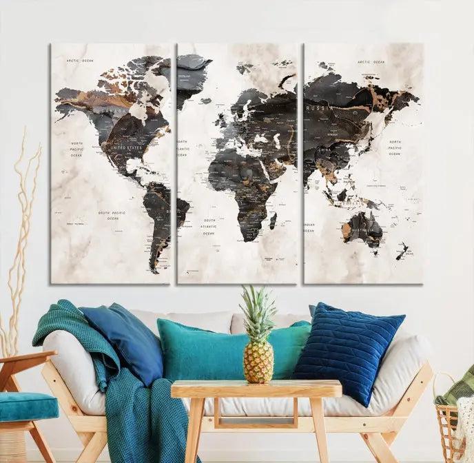 The World Map Wall Art Canvas Print, a stunning three-panel piece gallery wrapped on museum-quality canvas, hangs elegantly in this contemporary room, infusing it with worldly charm. Indulge in the luxury of this masterpiece with free shipping.