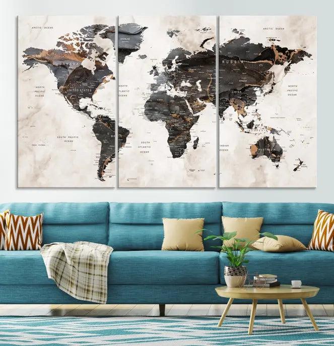 The World Map Wall Art Canvas Print, a stunning three-panel piece gallery wrapped on museum-quality canvas, hangs elegantly in this contemporary room, infusing it with worldly charm. Indulge in the luxury of this masterpiece with free shipping.