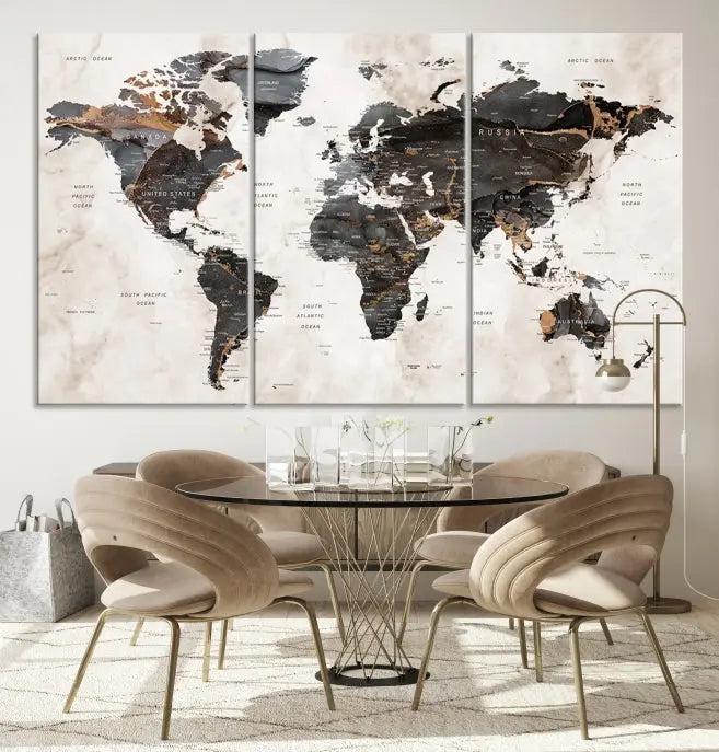 The World Map Wall Art Canvas Print, a stunning three-panel piece gallery wrapped on museum-quality canvas, hangs elegantly in this contemporary room, infusing it with worldly charm. Indulge in the luxury of this masterpiece with free shipping.