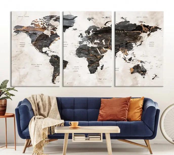 The World Map Wall Art Canvas Print, a stunning three-panel piece gallery wrapped on museum-quality canvas, hangs elegantly in this contemporary room, infusing it with worldly charm. Indulge in the luxury of this masterpiece with free shipping.