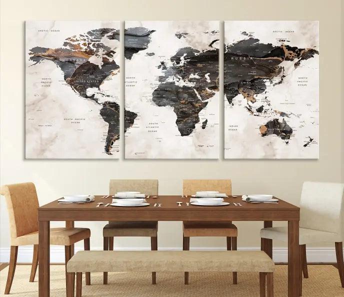 The World Map Wall Art Canvas Print, a stunning three-panel piece gallery wrapped on museum-quality canvas, hangs elegantly in this contemporary room, infusing it with worldly charm. Indulge in the luxury of this masterpiece with free shipping.