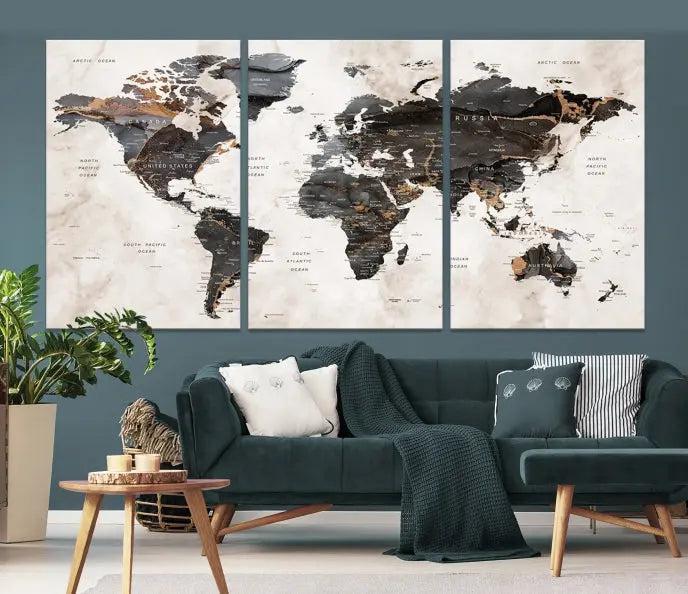 The World Map Wall Art Canvas Print, a stunning three-panel piece gallery wrapped on museum-quality canvas, hangs elegantly in this contemporary room, infusing it with worldly charm. Indulge in the luxury of this masterpiece with free shipping.