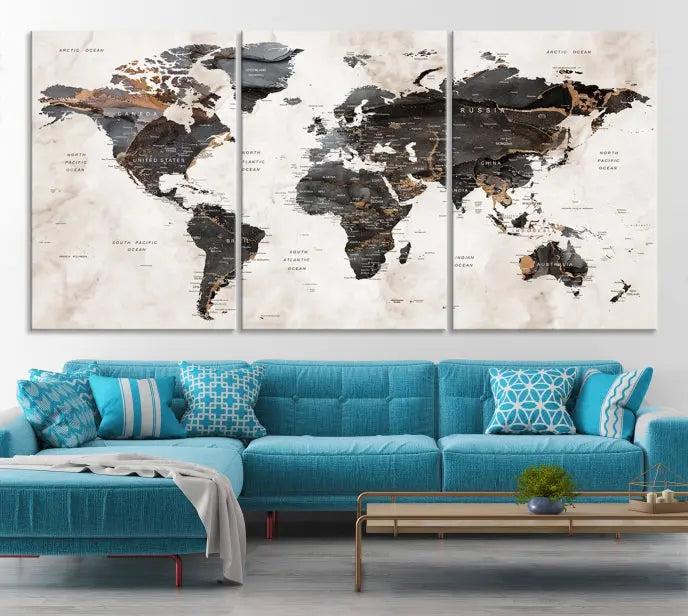 The World Map Wall Art Canvas Print, a stunning three-panel piece gallery wrapped on museum-quality canvas, hangs elegantly in this contemporary room, infusing it with worldly charm. Indulge in the luxury of this masterpiece with free shipping.