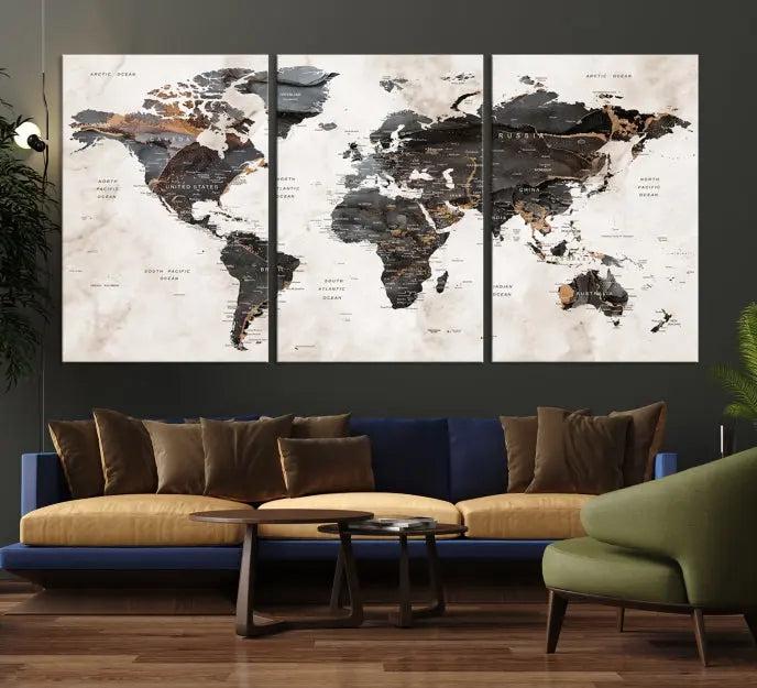 The World Map Wall Art Canvas Print, a stunning three-panel piece gallery wrapped on museum-quality canvas, hangs elegantly in this contemporary room, infusing it with worldly charm. Indulge in the luxury of this masterpiece with free shipping.