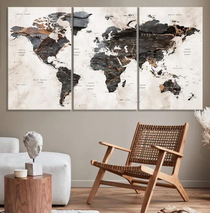 The World Map Wall Art Canvas Print, a stunning three-panel piece gallery wrapped on museum-quality canvas, hangs elegantly in this contemporary room, infusing it with worldly charm. Indulge in the luxury of this masterpiece with free shipping.