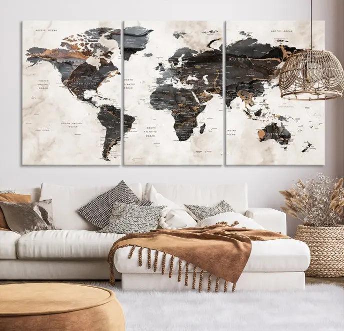 The World Map Wall Art Canvas Print, a stunning three-panel piece gallery wrapped on museum-quality canvas, hangs elegantly in this contemporary room, infusing it with worldly charm. Indulge in the luxury of this masterpiece with free shipping.