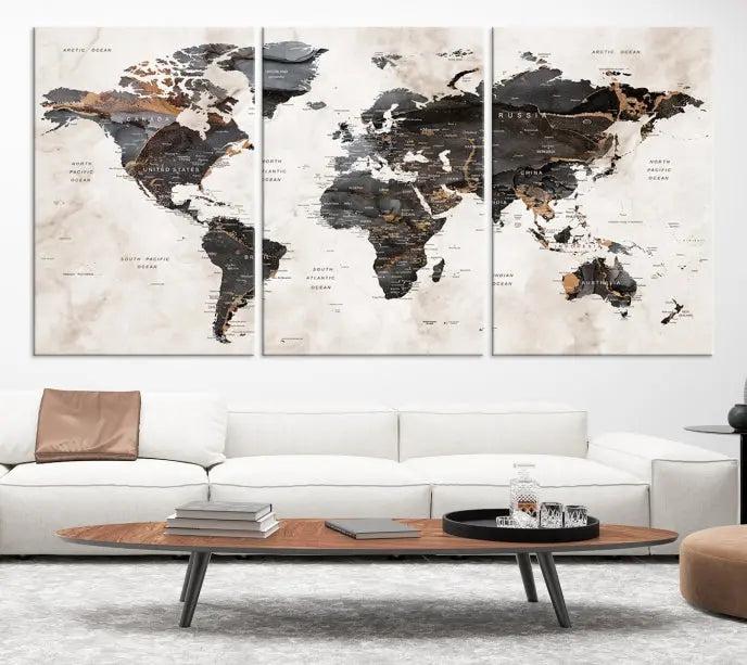 The World Map Wall Art Canvas Print, a stunning three-panel piece gallery wrapped on museum-quality canvas, hangs elegantly in this contemporary room, infusing it with worldly charm. Indulge in the luxury of this masterpiece with free shipping.