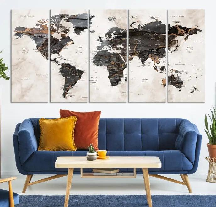 The World Map Wall Art Canvas Print, a stunning three-panel piece gallery wrapped on museum-quality canvas, hangs elegantly in this contemporary room, infusing it with worldly charm. Indulge in the luxury of this masterpiece with free shipping.