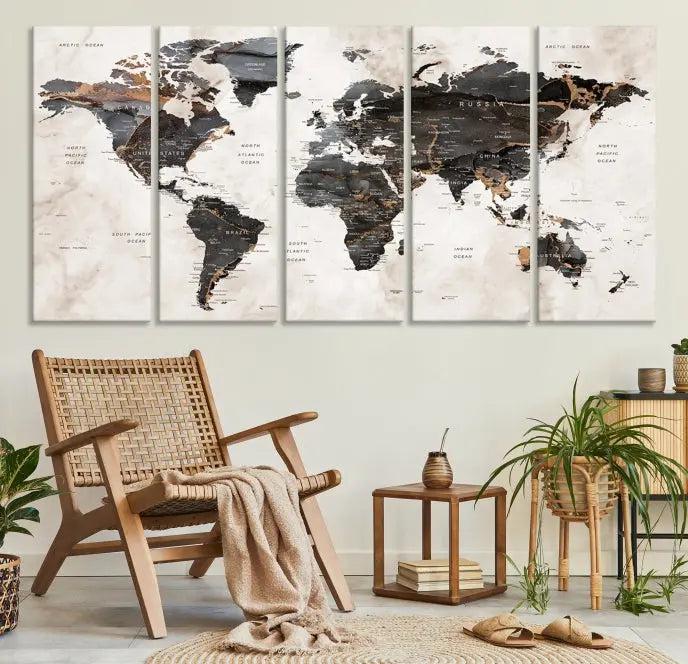 The World Map Wall Art Canvas Print, a stunning three-panel piece gallery wrapped on museum-quality canvas, hangs elegantly in this contemporary room, infusing it with worldly charm. Indulge in the luxury of this masterpiece with free shipping.