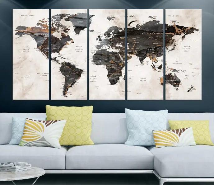 The World Map Wall Art Canvas Print, a stunning three-panel piece gallery wrapped on museum-quality canvas, hangs elegantly in this contemporary room, infusing it with worldly charm. Indulge in the luxury of this masterpiece with free shipping.