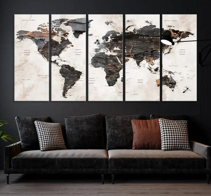 The World Map Wall Art Canvas Print, a stunning three-panel piece gallery wrapped on museum-quality canvas, hangs elegantly in this contemporary room, infusing it with worldly charm. Indulge in the luxury of this masterpiece with free shipping.