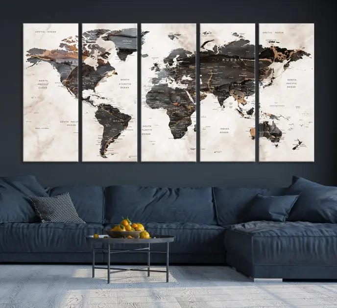 The World Map Wall Art Canvas Print, a stunning three-panel piece gallery wrapped on museum-quality canvas, hangs elegantly in this contemporary room, infusing it with worldly charm. Indulge in the luxury of this masterpiece with free shipping.