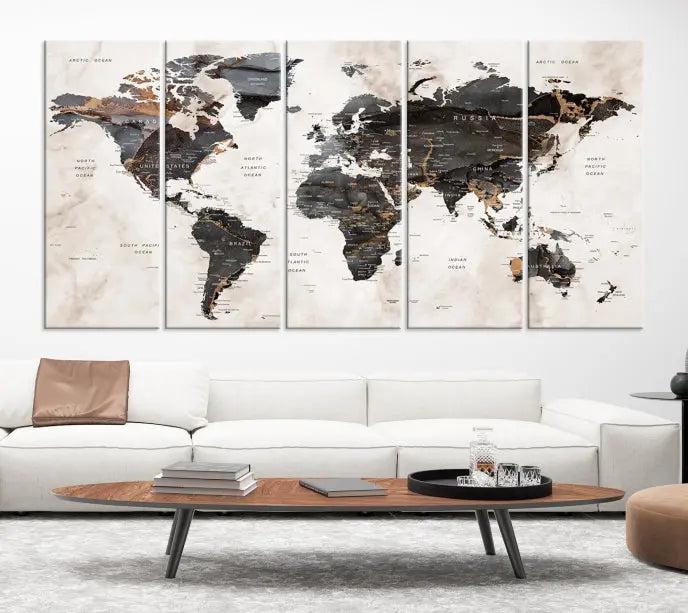 The World Map Wall Art Canvas Print, a stunning three-panel piece gallery wrapped on museum-quality canvas, hangs elegantly in this contemporary room, infusing it with worldly charm. Indulge in the luxury of this masterpiece with free shipping.