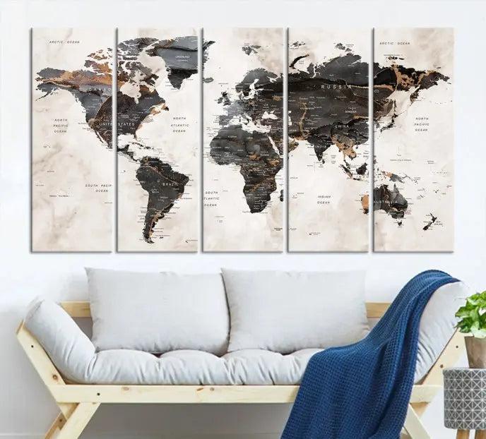 The World Map Wall Art Canvas Print, a stunning three-panel piece gallery wrapped on museum-quality canvas, hangs elegantly in this contemporary room, infusing it with worldly charm. Indulge in the luxury of this masterpiece with free shipping.