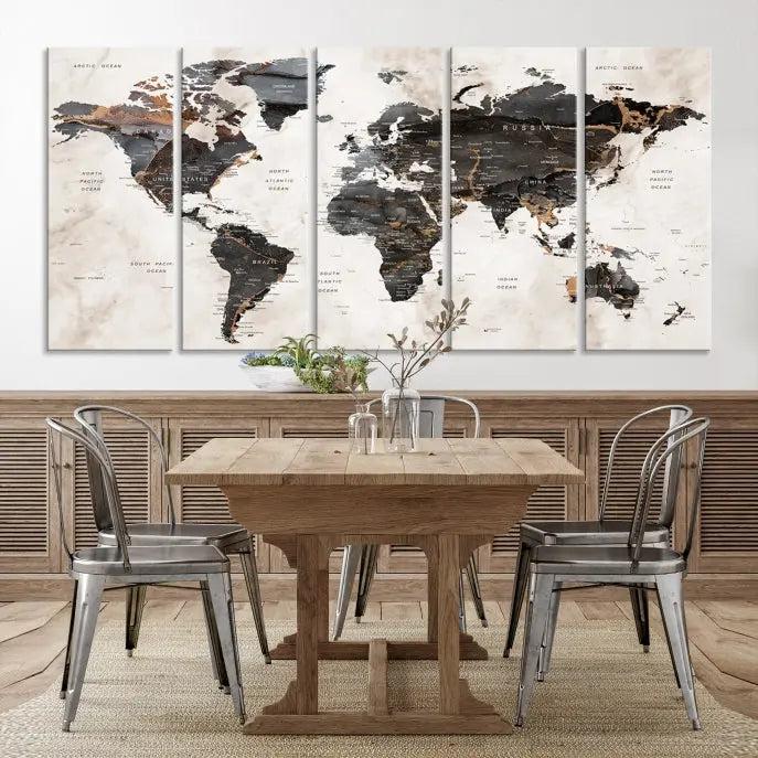 The World Map Wall Art Canvas Print, a stunning three-panel piece gallery wrapped on museum-quality canvas, hangs elegantly in this contemporary room, infusing it with worldly charm. Indulge in the luxury of this masterpiece with free shipping.