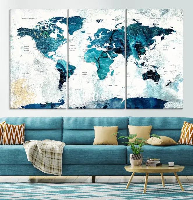 The World Map Wall Art Canvas Print features a gallery-wrapped triptych in blue and green hues. These museum-quality canvases are equipped with a UV-protective coating to keep the artwork vibrant and enduring.