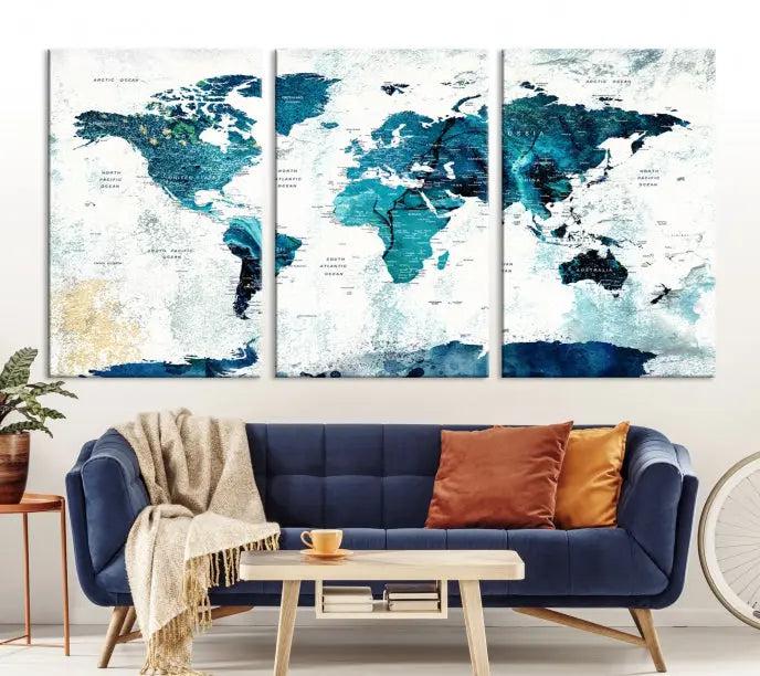 The World Map Wall Art Canvas Print features a gallery-wrapped triptych in blue and green hues. These museum-quality canvases are equipped with a UV-protective coating to keep the artwork vibrant and enduring.