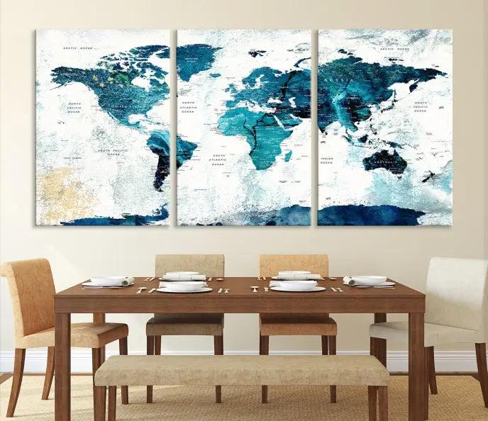 The World Map Wall Art Canvas Print features a gallery-wrapped triptych in blue and green hues. These museum-quality canvases are equipped with a UV-protective coating to keep the artwork vibrant and enduring.