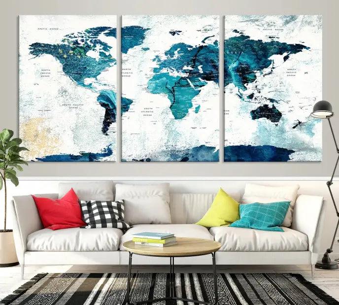 The World Map Wall Art Canvas Print features a gallery-wrapped triptych in blue and green hues. These museum-quality canvases are equipped with a UV-protective coating to keep the artwork vibrant and enduring.