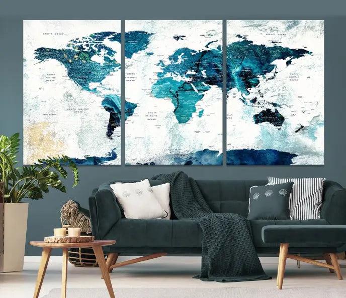 The World Map Wall Art Canvas Print features a gallery-wrapped triptych in blue and green hues. These museum-quality canvases are equipped with a UV-protective coating to keep the artwork vibrant and enduring.