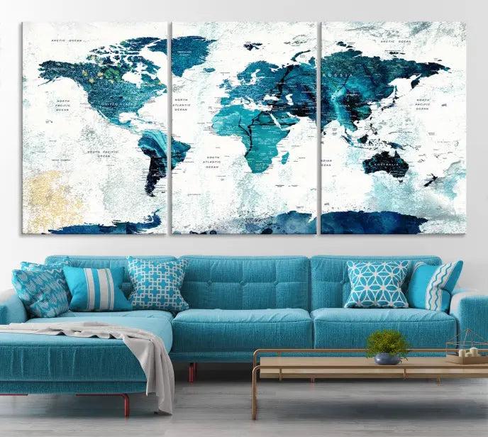 The World Map Wall Art Canvas Print features a gallery-wrapped triptych in blue and green hues. These museum-quality canvases are equipped with a UV-protective coating to keep the artwork vibrant and enduring.