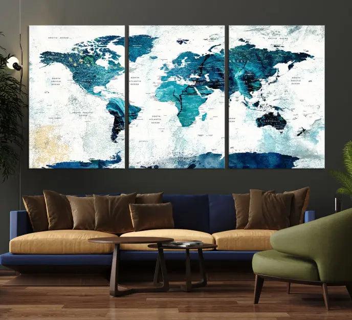 The World Map Wall Art Canvas Print features a gallery-wrapped triptych in blue and green hues. These museum-quality canvases are equipped with a UV-protective coating to keep the artwork vibrant and enduring.