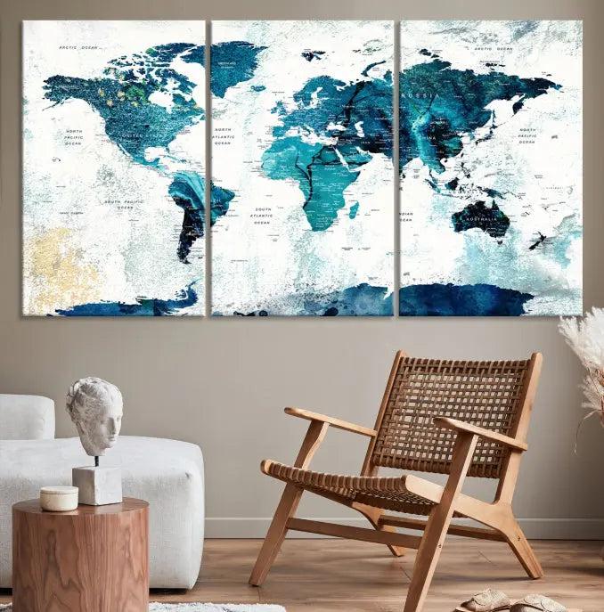 The World Map Wall Art Canvas Print features a gallery-wrapped triptych in blue and green hues. These museum-quality canvases are equipped with a UV-protective coating to keep the artwork vibrant and enduring.