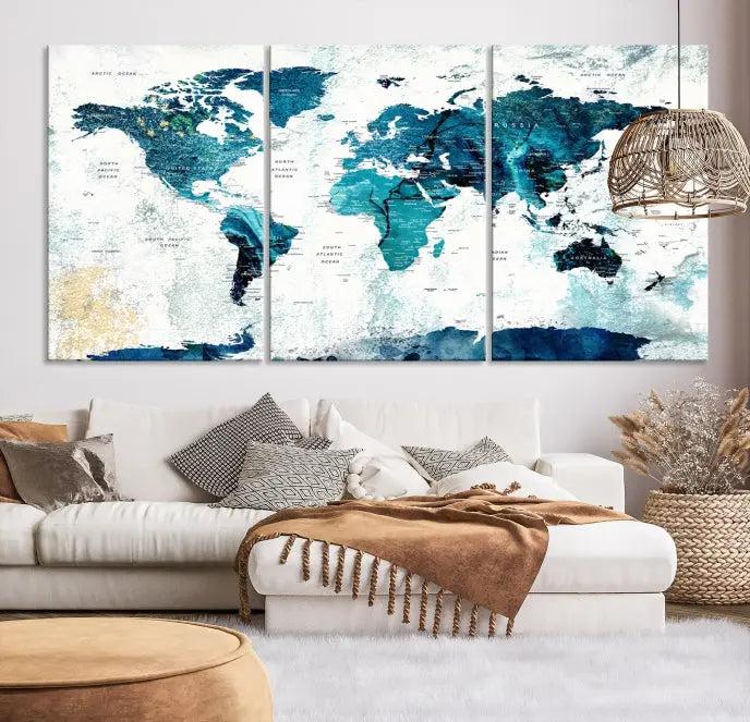 The World Map Wall Art Canvas Print features a gallery-wrapped triptych in blue and green hues. These museum-quality canvases are equipped with a UV-protective coating to keep the artwork vibrant and enduring.