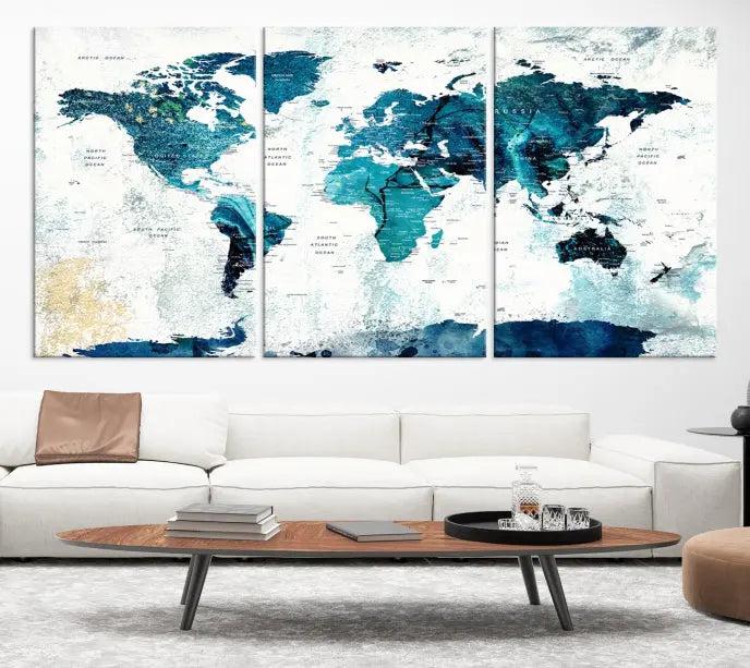 The World Map Wall Art Canvas Print features a gallery-wrapped triptych in blue and green hues. These museum-quality canvases are equipped with a UV-protective coating to keep the artwork vibrant and enduring.