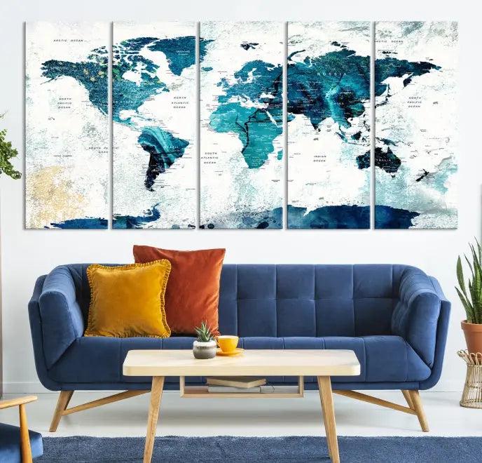 The World Map Wall Art Canvas Print features a gallery-wrapped triptych in blue and green hues. These museum-quality canvases are equipped with a UV-protective coating to keep the artwork vibrant and enduring.