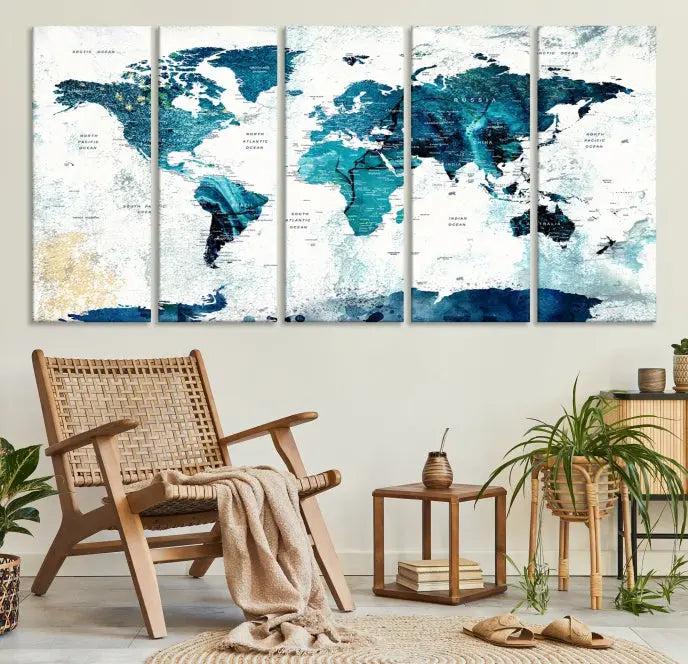 The World Map Wall Art Canvas Print features a gallery-wrapped triptych in blue and green hues. These museum-quality canvases are equipped with a UV-protective coating to keep the artwork vibrant and enduring.