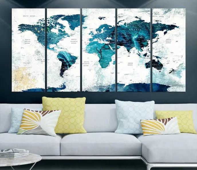 The World Map Wall Art Canvas Print features a gallery-wrapped triptych in blue and green hues. These museum-quality canvases are equipped with a UV-protective coating to keep the artwork vibrant and enduring.