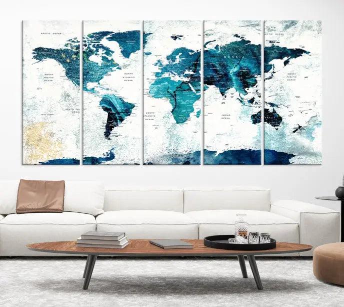 The World Map Wall Art Canvas Print features a gallery-wrapped triptych in blue and green hues. These museum-quality canvases are equipped with a UV-protective coating to keep the artwork vibrant and enduring.